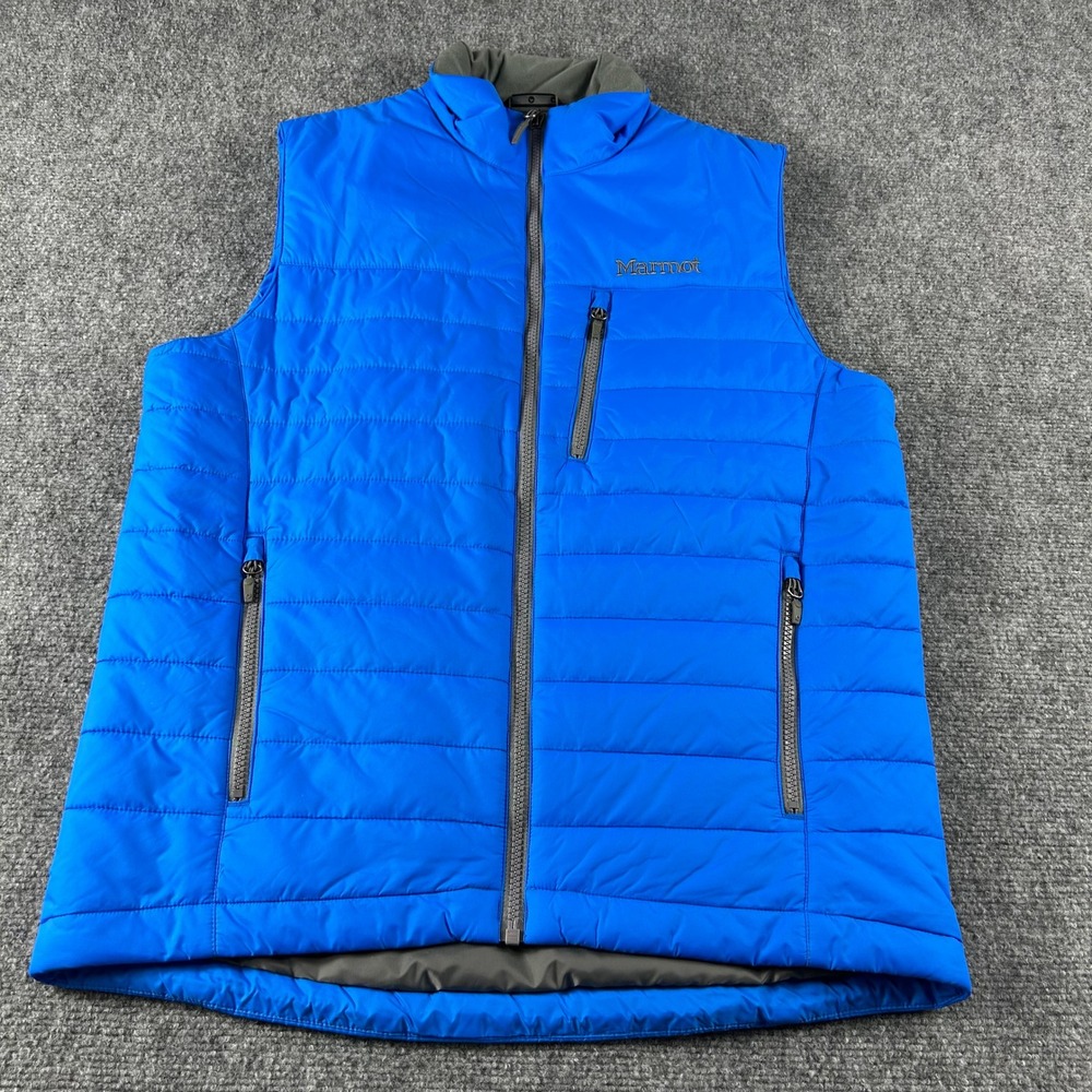 Marmot Puffer Vest Mens Medium Blue Quilted Full Zip Insulated Hiking NWOT